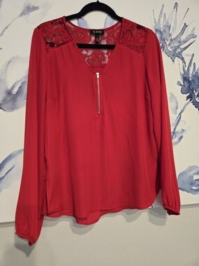 A. Byer Bright Red Lace-Yoke Long Sleeve Top with Front Zip Decorative detail